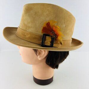 Dobbs Tan Suede Leather Fedora Hat with Feather Accent Size 7